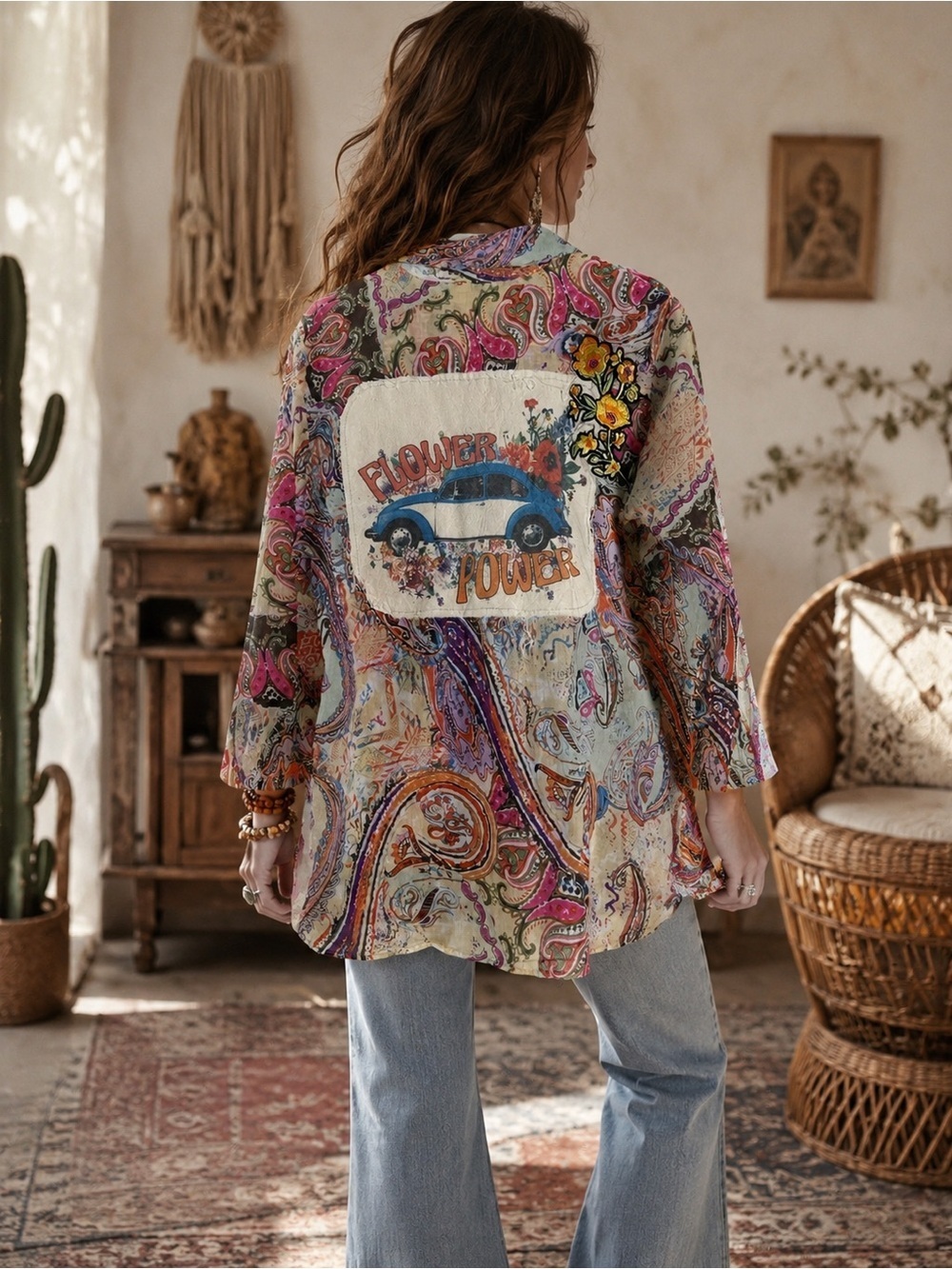Boho Jane Flower Power VW Button Down Shirt SzSmall